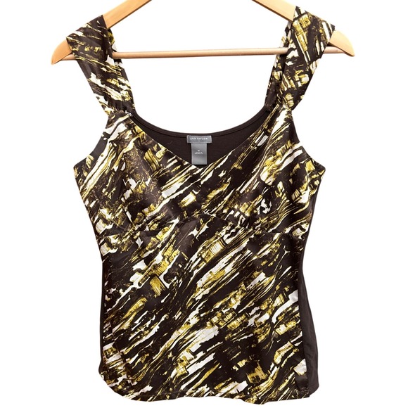 Ann Taylor Women's Black Gold Babydoll Sleeveless Blouse Sz M Y2K Abstract Print - Picture 1 of 5